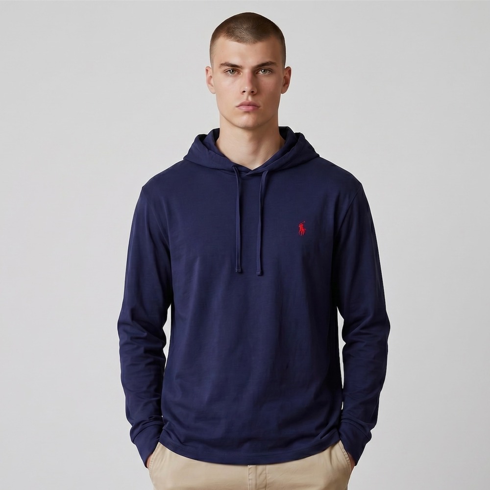 Polo Ralph Lauren Hoodie T-Shirt Mens Large Navy Blue Good Long Sleeve Pony Logo